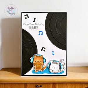Handmade Birthday Card featuring Cute Animals Listening to Music | Hope Your Birthday is a Hit! Hand Coloured | 154
