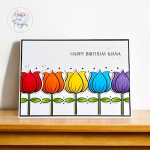 Personalised Handmade Birthday Card, Row of Tulips, Hand Stamped and Hand Coloured | 318