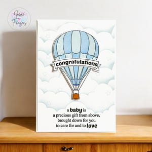 Baby Boy Card, Handmade New Baby Boy Card, Hand Stamped Blue Hot Air Balloon | 377