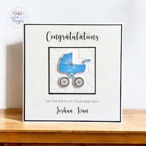 Baby Boy Card, Personalised and Handmade New Baby Boy Card featuring Hand Stamped & Coloured Blue Pram, Congratulations Baby Card | 135