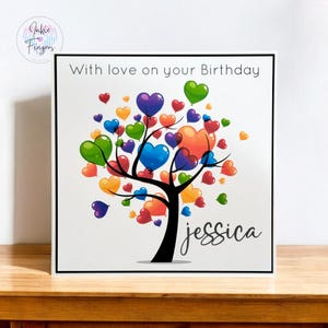 Personalised Birthday Card featuring a Colourful Love Heart Tree, Handmade Birthday Card | 342