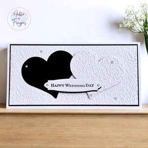 Handmade Wedding Card featuring Black and White Love Hearts, Happy Wedding Day, Slimline Wedding Card | 102