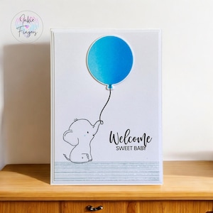 Baby Boy Card, Handmade New Baby Boy Card, Hand Stamped Cute Elephant holding a Blue Balloon | 072