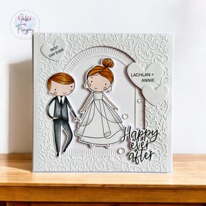 Personalised Wedding Card, Hand Stamped and Coloured Bride, Groom and Love Hearts | Happy Ever After | Best Day Ever | Generic Option | 086