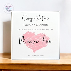 Baby Girl Card, Handmade Personalised New Baby Girl Card with Name and Date of Birth, Baby Girl Congratulations, Pink Love Heart | 323