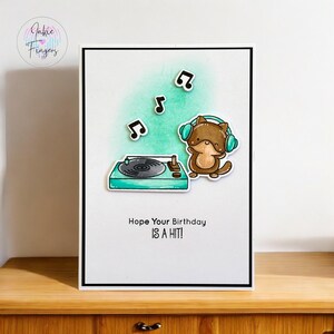 Handmade Birthday Card featuring Cute Animal Listening to Record Music | Hope Your Birthday is a Hit! Hand Coloured | 014