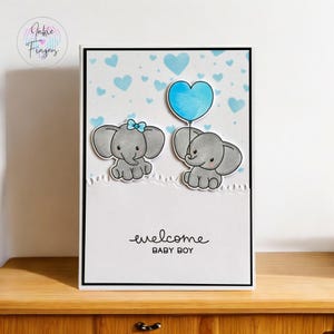 Baby Boy Card, Handmade New Baby Boy Card, Hand Stamped and Coloured Baby Elephants, Blue | 017
