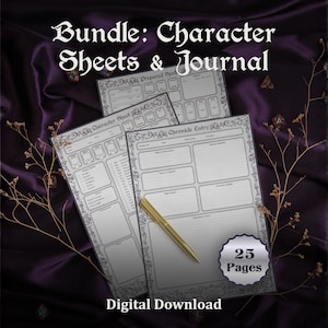 Puede incluir: Un conjunto de hojas de personaje y un diario con un bolígrafo dorado, sobre un fondo morado oscuro. Las hojas son blancas con bordes y texto grises, y la imagen incluye el texto "Bundle: Character Sheets & Journal", "Digital Download" y "25 Pages".