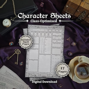 May include: A printed character sheet for tabletop role-playing games with ornate black borders, featuring sections for stats, skills, and abilities. The document includes text stating Includes Spell Pages, 17 Pages, and Digital Download.