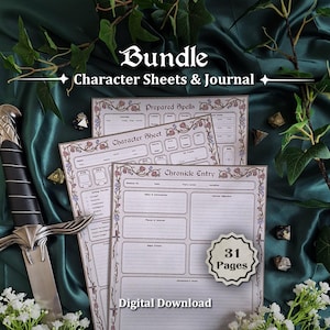Op de afbeelding: Een bundel met karakterbladen en een dagboek voor rollenspellen, voorzien van bloemrijke randen en tekst zoals "Bundle," "Character Sheets & Journal," "Prepared Spells," "Character Sheet," "Chronicle Entry," en "31 Pages Digital Download."