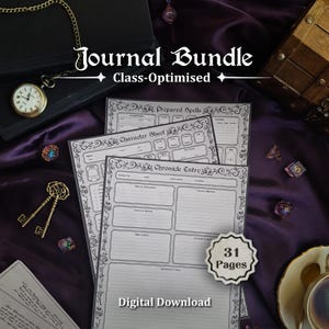 May include: A journal bundle digital download featuring 31 pages of character sheets, prepared spells, and chronicle entry forms with ornate black borders. The set includes a gold pocket watch, two ornate keys, and several multi-colored dice.