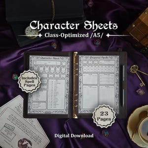 Puede incluir: Una carpeta A5 de color marrón oscuro que contiene hojas de personaje impresas y páginas de hechizos preparados. Las hojas presentan campos detallados para estadísticas, habilidades y hechizos. El texto incluye Character Sheet, Prepared Spells y 23 Pages.