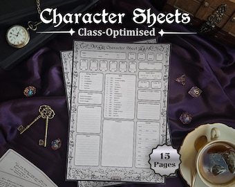 Utskrivbart karaktärsblad för D&D 5e | Fyllbara karaktärsblad för fantasy-RPG | Klassoptimerad design