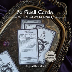 May include: A set of tarot-sized 5e spell cards featuring the Identify spell, with black text on a white background and ornate borders. The cards include a 400+ spells badge and digital download text, displayed on a decorative gold tray.