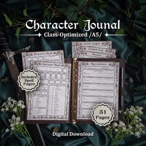 Peut inclure: Un journal de personnage A5 à anneaux avec des pages imprimées à bordures florales et des titres tels que Character Sheet, Prepared Spells et Speculations. Il comprend 51 pages, des pages de sorts et le texte Digital Download.