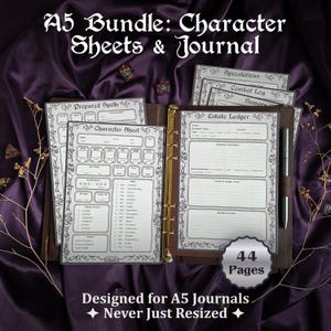May include: An A5 bundle of character sheets and a journal featuring 44 pages. The set includes printed forms for prepared spells, character stats, and an estate ledger. A brown binder with gold rings holds the pages, accompanied by a silver pen.