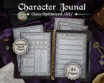 May include: A dark brown A5 ring-bound character journal featuring printed pages for character sheets, spell tracking, and speculations. The text includes 'Character Jounal', 'Class-Optimized', 'Includes Spell Pages', '51 Pages', and 'Digital Download'.