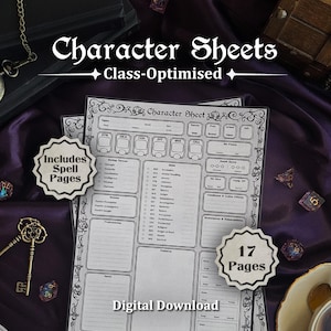 以下が含まれることがあります： テーブルトップロールプレイングゲーム用のキャラクターシートセット。白い紙に黒いインクで印刷され、装飾的な枠線が施されています。シートにはステータス、スキル、特徴のセクションが含まれています。テキスト：「Character Sheets」、「Class-Optimised」、「Includes Spell Pages」、「17 Pages」、「Digital Download」。