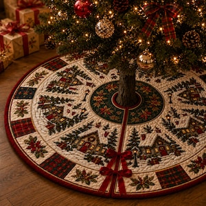 May include: A circular quilted Christmas tree skirt featuring a repeating pattern of snow-covered cottages, evergreen trees, and poinsettias. The design includes red plaid accents, a dark green center border, and two red ribbon bows at the front opening.
