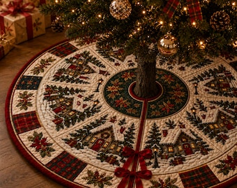 May include: A circular quilted Christmas tree skirt featuring a repeating pattern of snow-covered cottages, evergreen trees, and poinsettias. The design includes red plaid accents, a dark green center border, and two red ribbon bows at the front opening.