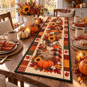 Peut inclure: Un chemin de table rectangulaire en tissu avec un motif matelassé et un décor automnal central composé de citrouilles, tournesols, d'une dinde, d'un oiseau et d'une caisse en bois marquée The Smith Family, bordé de feuilles et de carreaux.