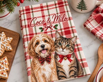 Personalisiertes Geschirrtuch mit Haustierfoto, Geschirrtuch mit individuellem Hunde- oder Katzennamen, kariertes Weihnachtsgeschirrtuch, Weihnachtsgeschenk für Tierbesitzer