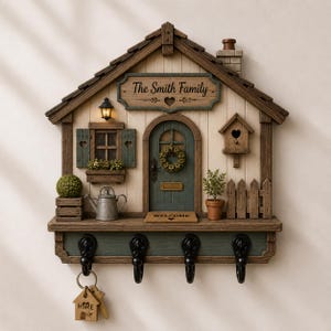 Op de afbeelding: Een wandgemonteerde houten sleutelhouder in de vorm van een huis met een bordje met de tekst The Smith Family, een centrale groene deur met een krans, een raam met luiken, een vogelhuisje, een gieter, een plant in pot en vier zwarte haken.
