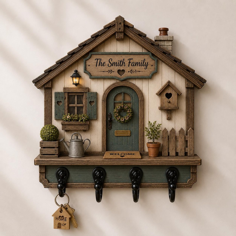 Personalized House Key Holder, Custom Family Name Key Rack, Rustic Wooden Wall Decor, Farmhouse Entryway Organizer