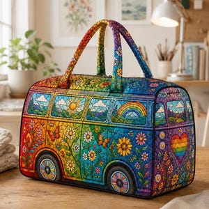 May include: A quilted duffel bag featuring a vibrant, multi-coloured mosaic-style print of a van decorated with flowers, butterflies, a rainbow, and a heart. The bag has two top handles and a rectangular shape with rounded corners and black trim.