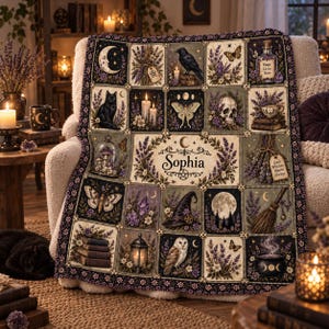 May include: A rectangular throw blanket featuring a grid of illustrations including a black cat, a raven, a skull, a witch hat, an owl, a broom, a cauldron, and lavender sprigs. The centre panel displays the name Sophia with a pentagram.