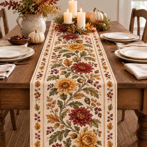May include: A rectangular table runner featuring a repeating botanical print of large yellow and deep red chrysanthemums, green leaves, brown acorns, and small red berries on a cream-colored fabric with thin orange border stripes.
