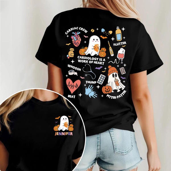 Camiseta de Halloween con nombre personalizado para enfermera de cardiología, camiseta espeluznante de enfermera de la UCV, camiseta de cardiología, equipo cardíaco, anatomía del flujo cardíaco, enfermera de la UCV