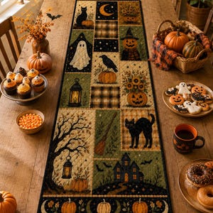 May include: A rectangular quilted table runner featuring a patchwork design with Halloween motifs including a black cat, ghost, jack-o'-lantern, crow, witch hat, broom, haunted house, and lanterns in shades of orange, black, green, and cream.