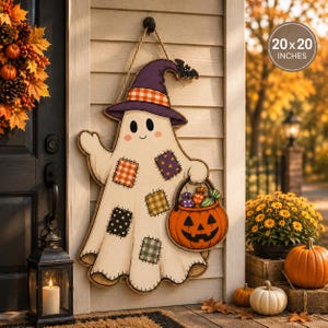Söt spökhalloween-dörrhängare, spökskylt i trä, lapptäcksspökdekor, halloween-dekor till ytterdörren, höstskylt, läskig söt dekor
