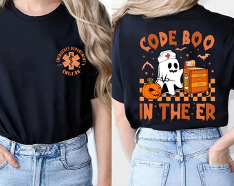 Custom Retro Halloween Code Boo In The ER Nurse Shirt, Halloween Horror ER T-Shirt, Funny Halloween Emergency Gift for Nursing Student