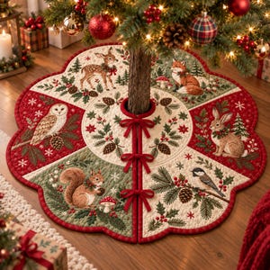 May include: A circular quilted Christmas tree skirt featuring a festive woodland theme. The design includes illustrations of a deer, fox, owl, rabbit, squirrel, and bird, accented with pinecones, holly, and mushrooms. It has three red tie closures.
