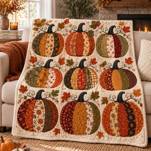 May include: A quilted throw blanket featuring a grid of nine pumpkins, each constructed from vertical fabric panels in various autumn-themed patterns and colours including orange, green, brown, and cream, accented with embroidered leaves and vines.