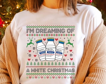 Camiseta «Sueño con una Navidad Blanca», Camiseta navideña con propofol, Camiseta navideña para enfermeras, Camiseta de cuello redondo para enfermeras, Camiseta para enfermeras de la UCI, Regalo para enfermeras