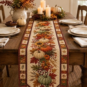 May include: A quilted table runner featuring a central print of pumpkins, autumn leaves, and berries in shades of orange, green, and brown. The runner is centred on a wooden dining table set with white plates, napkins, and a centrepiece of candles.