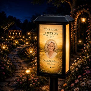 Könnte beinhalten: Eine rechteckige Solar-Gedenklaterne mit schwarzem Rahmen. Die beleuchtete Frontplatte zeigt das Porträt einer Frau, den Text 'YOUR LIGHT LIVES ON', den Namen 'Elizabeth Johnson' und die Daten '1955 - 2024' vor einer floralen Landschaft.