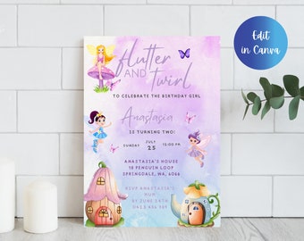 Editable Fairy Birthday Invitation, Fairy Birthday, Fairies, Flutter and Twirl, Girl birthday, Birthday invitation, Digital Downloads