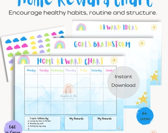 May include: A printable home reward chart with a rainbow theme. The chart includes a calendar grid for tracking daily progress, a section for listing rewards, and a space for writing down goals. The chart is designed to encourage healthy habits, routine, and structure.