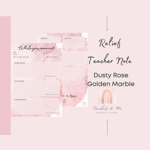 May include: A printable teacher note template with a dusty rose and gold marble background. The text "While you were out..." is at the top of the page. The template includes sections for absentees, accolades, date, class, morning session, middle session, afternoon session, and AM/PM full day.