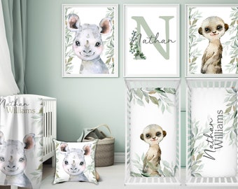 Personalisiertes Safari-Tiere-Baby-Bettwäsche-Set, Nashorn-Bettwäsche-Set, Erdmännchen-Bettwäsche-Set, grünes Blattbettlaken, Babyparty-Geschenk