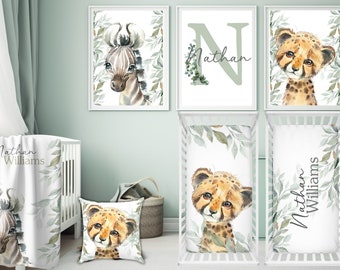 Personalisiertes Safari-Tiere-Baby-Bettwäsche-Set, Zebra-Bettwäsche-Set, Gepard-Bettwäsche-Set, grünes Blattbettlaken, Babyparty-Geschenk