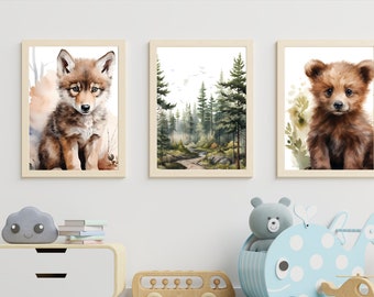 Impressions d’animaux de bébé des bois Impressions d’animaux des bois Impressions d’animaux aquarelle Décor de pépinière boisée Impressions d’animaux de la forêt Loup imprimable Bébé