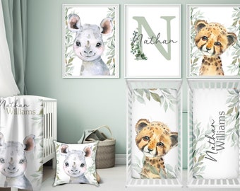 Personalisiertes Safari-Tiere-Baby-Bettwäsche-Set, Nashorn-Bettwäsche-Set, Gepard-Bettwäsche-Set, grünes Blatt-Bettlaken, Babyparty-Geschenk