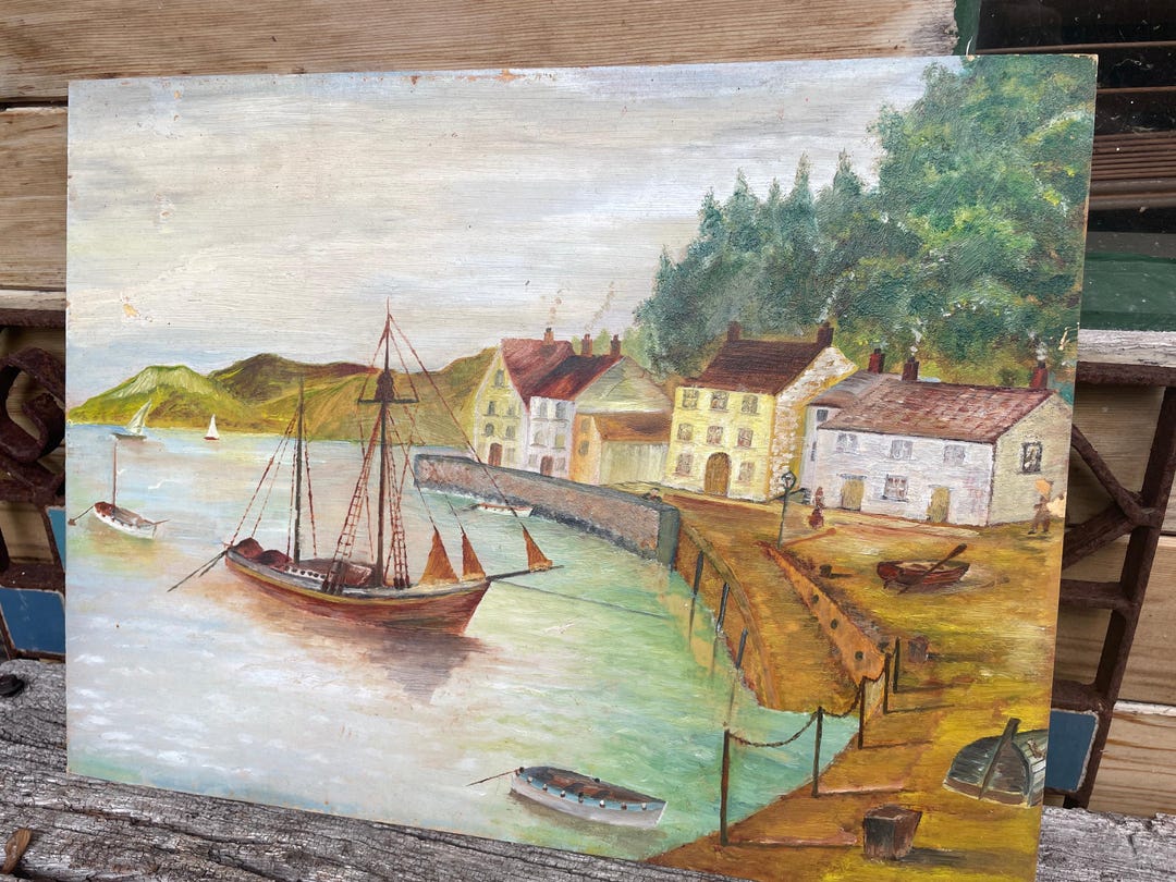 Naïve Folk Art Oil on Board Painting of an English Harbour - Etsy