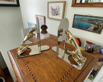 Vintage Art Deco Panther Buchstützen, Chrom & Messing Jaguar Figuren