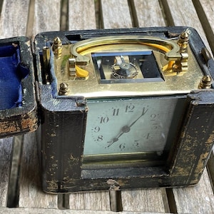 Antique French Carriage Clock – Brass Travel Clock with Case and Key c1920